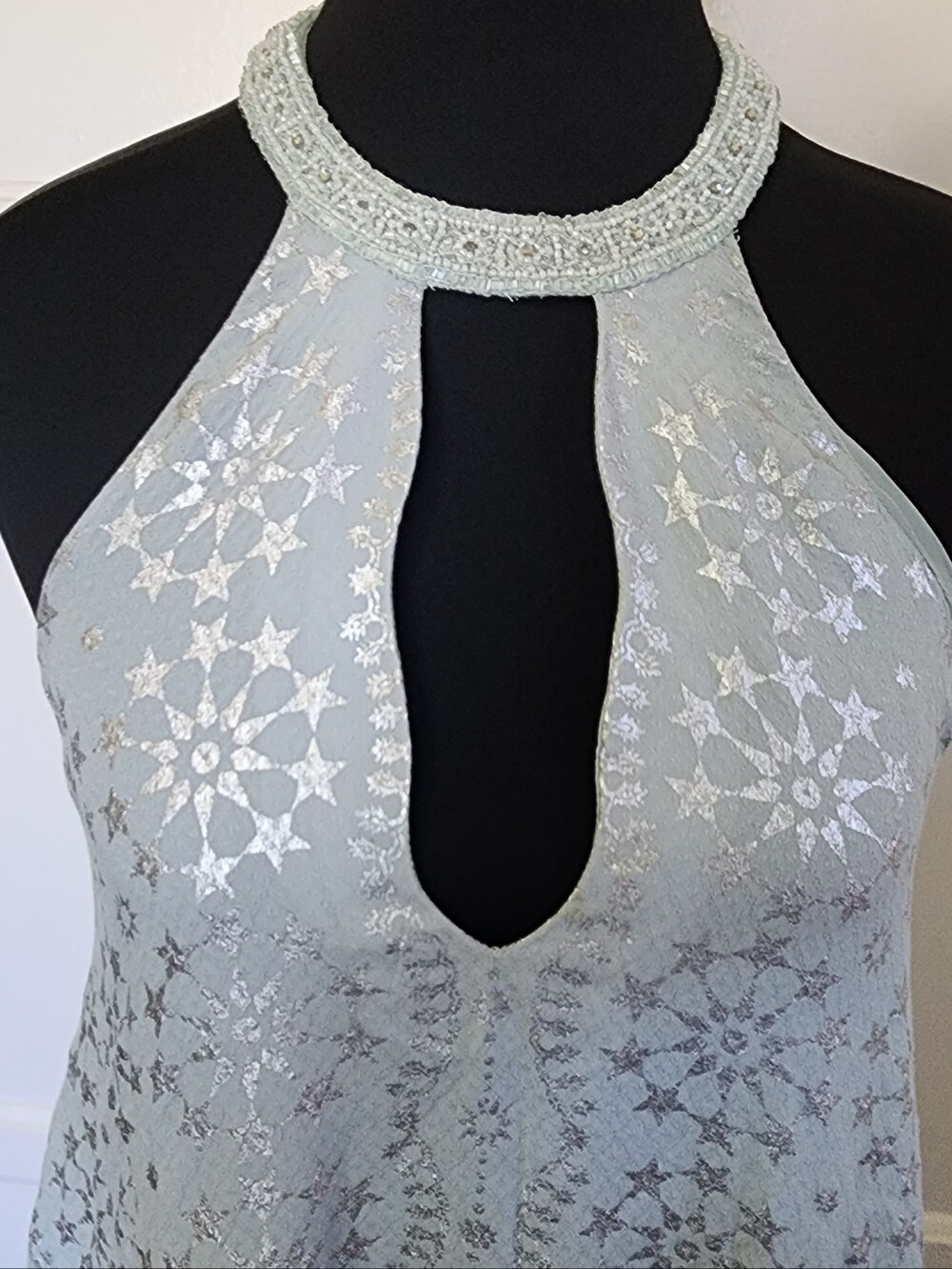 Halter Dress Blue Silver Metallic Stars Print
